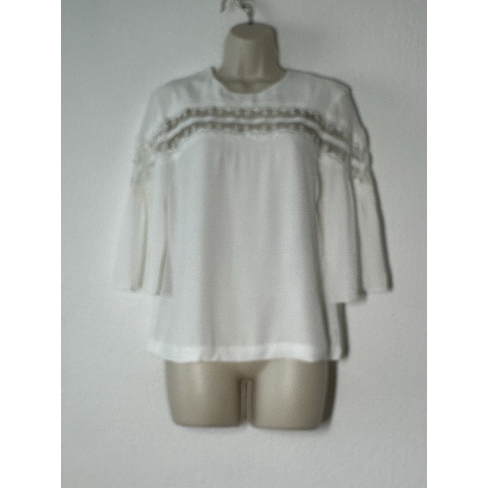 Sandro Blouse White 2 US Medium Lace Inset Top 3/4 Bell Sleeve Minimalist Core